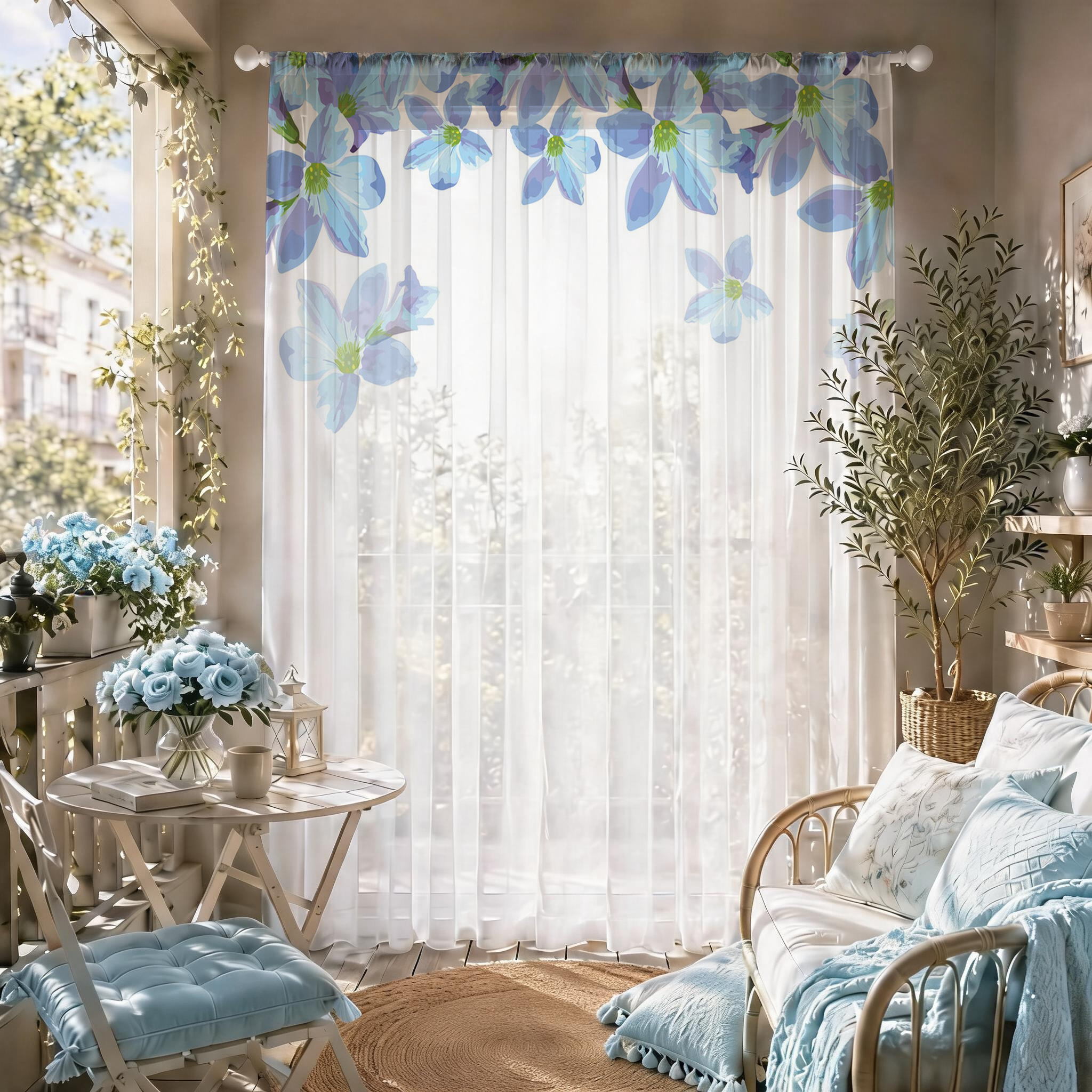 Blue Floral Gradient Sheer Cur - مراجعة Home Office Rate وسعره