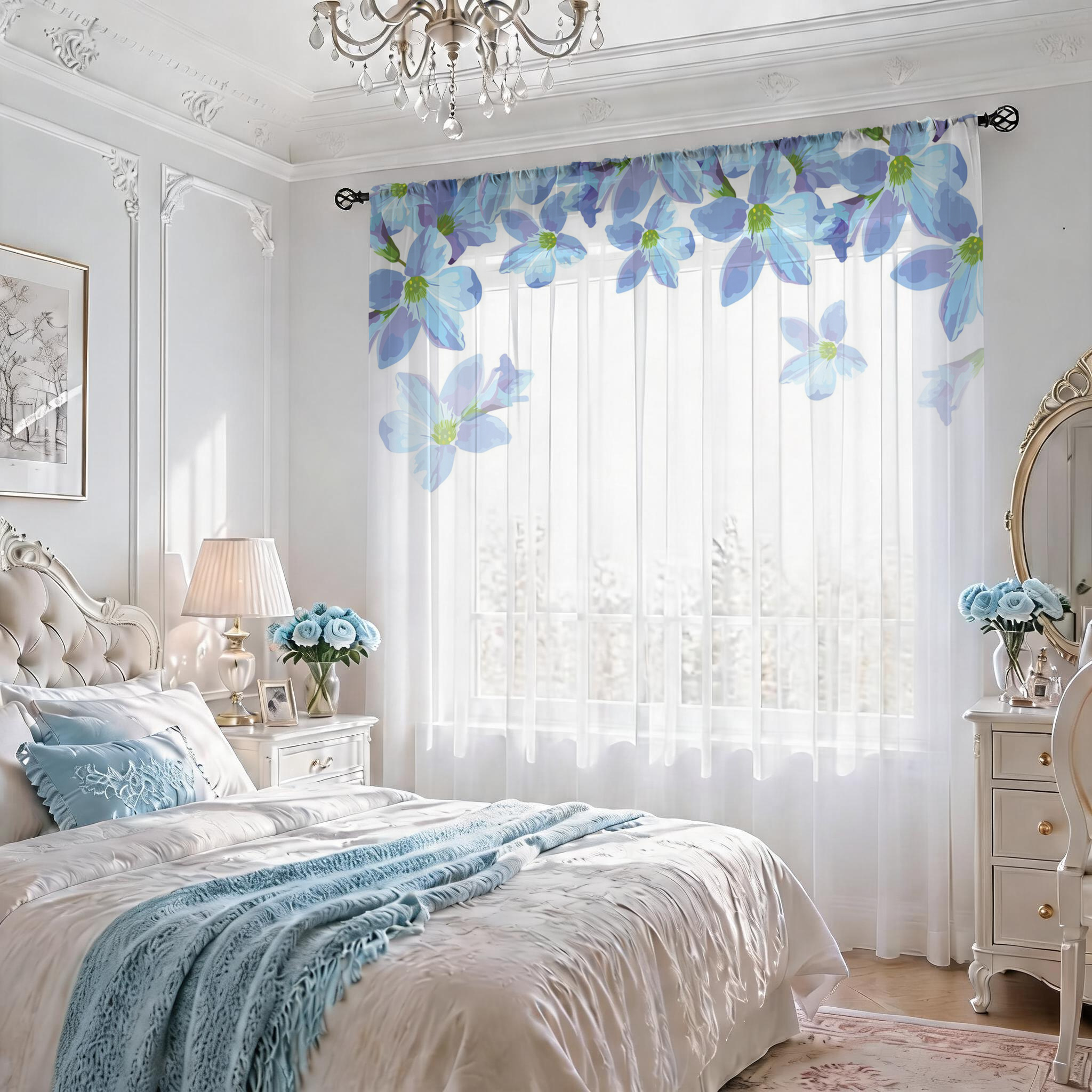 Blue Floral Gradient Sheer Cur - مراجعة Home Office Rate وسعره